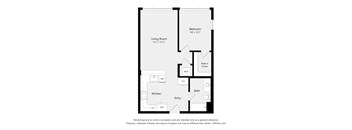 A floor plan of a room with a living room, kitchen, bath, and bedroom.