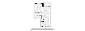 A floor plan of a small apartment with a living room, bedroom, kitchen, and bathroom.