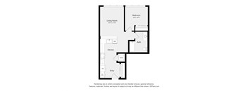 A floor plan of a small apartment with a living room, kitchen, bathroom, and two bedrooms.