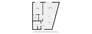 A floor plan of a home with a bedroom, living room, kitchen, bathroom and entry.
