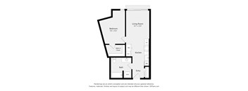 A floor plan of a house with a living room, bedroom, kitchen, bathroom and entry.