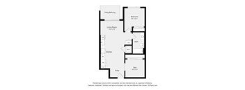A floor plan of a small apartment with a living room, kitchen, bath, and bedroom.