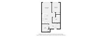 A floor plan of a small apartment with a living room, bedroom, kitchen, bathroom, and den.