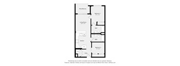 A floor plan of a small apartment with two bedrooms, a living room, a kitchen, and a bathroom.