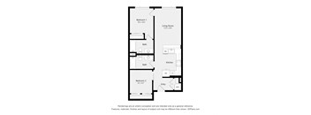 A floor plan of a small apartment with two bedrooms, a living room, a kitchen, and two bathrooms.