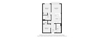A floor plan of a small apartment with two bedrooms, a living room, a kitchen, a bathroom, and a walk-in closet.