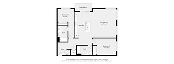 A floor plan of a small apartment with a living room, two bedrooms, a kitchen, and a bathroom.