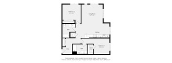 A floor plan of a small apartment with two bedrooms, a living room, a kitchen, and an entry.