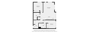 A floor plan of a small apartment with two bedrooms, a living room, a kitchen, and a bathroom.
