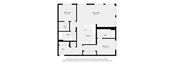 A floor plan of a small apartment with two bedrooms, a living room, a kitchen, and a bath.