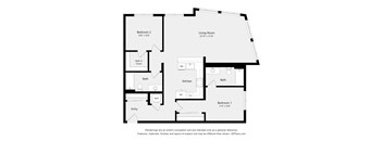 A floor plan of a house with two bedrooms, a living room, a kitchen, two bathrooms, and an entry.