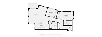 A black and white drawing of a house layout with a living room, two bedrooms, a bathroom, a kitchen, and an entry.