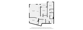 A black and white image of a house plan with a living room, kitchen, and three bedrooms.