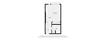 A floor plan of a small apartment with a living area, kitchen, entry, and bath.