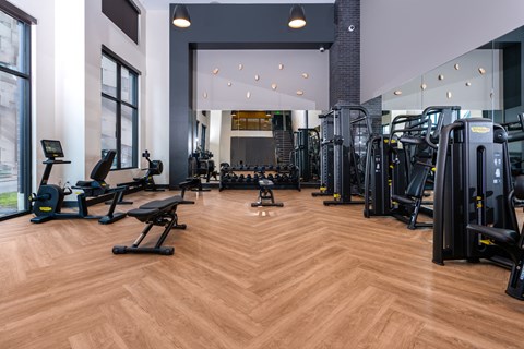 a gym with cardio machines and weights on a wooden floor