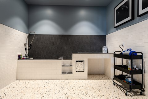 a bathroom with a shower and a sink and a tiled floor