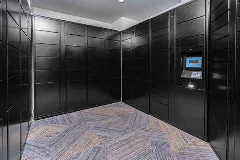 a row of black lockers in a room with a blue and yellow carpet