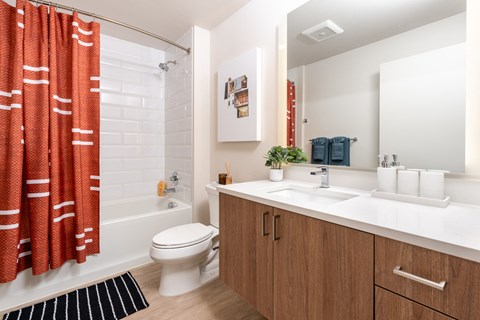 a bathroom with a shower and a sink and a toilet