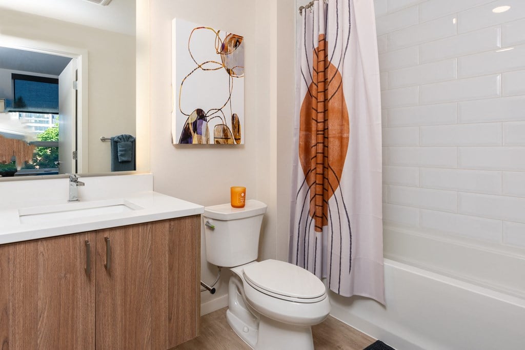 a bathroom with a shower curtain and a toilet and a sink