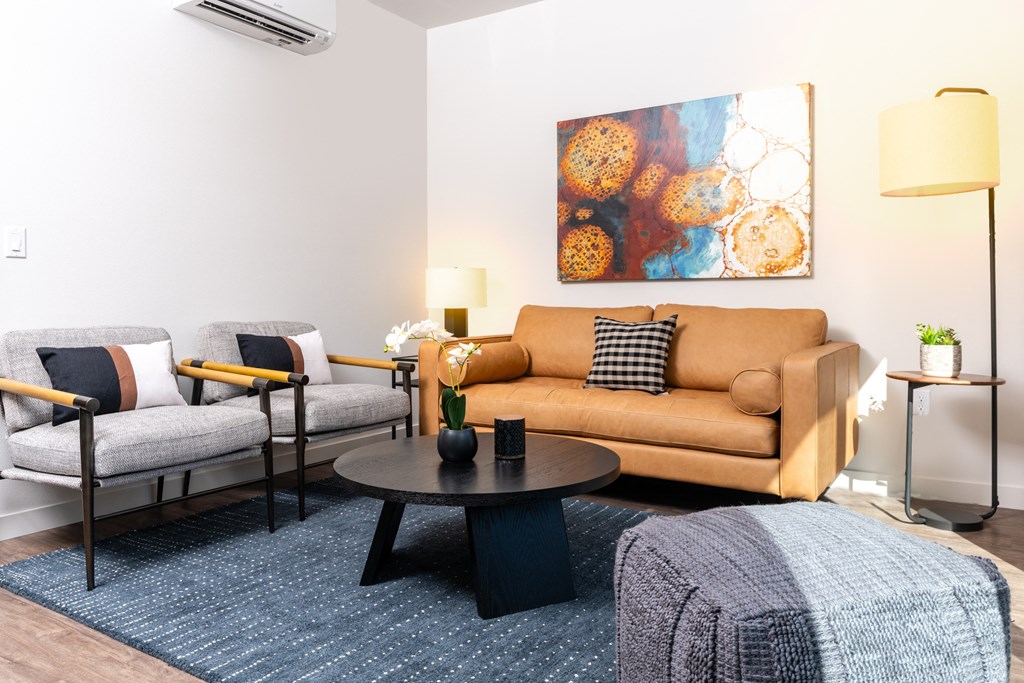 a living room with a couch and a coffee table