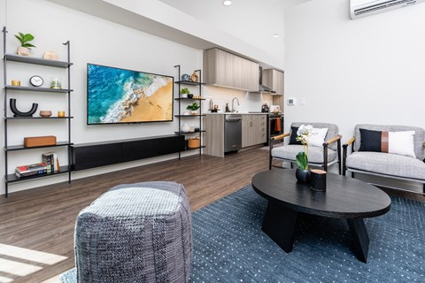 a living room with couches and a table