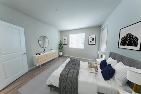 a bedroom with a bed and a dresser and a mirror