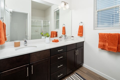 A bathroom with a white counter top and a mirror above it.