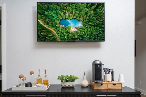 A modern living room with a flat screen TV displaying a forest scene.