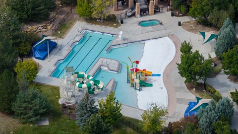 An aerial view of a swimming pool surrounded by trees.
