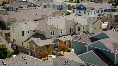A cluster of houses with different roofing materials.