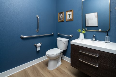 A white toilet sits in a blue bathroom next to a sink.