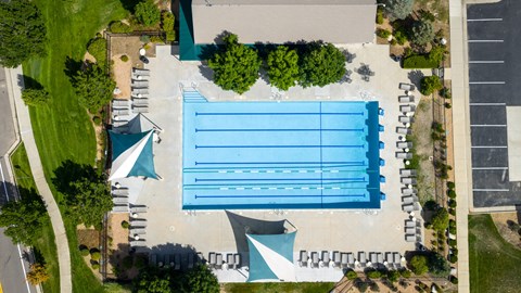 An aerial view of a swimming pool surrounded by trees and buildings.