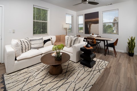 A living room with a white couch, a coffee table, and a rug.