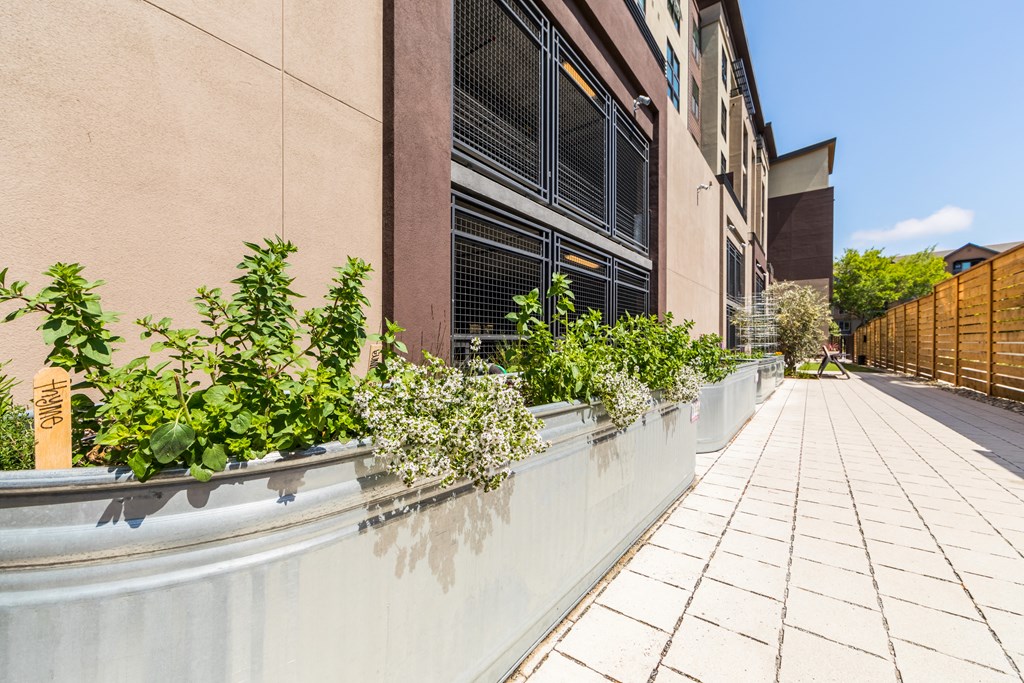 a row of concrete planters with green plants on a sidewalk