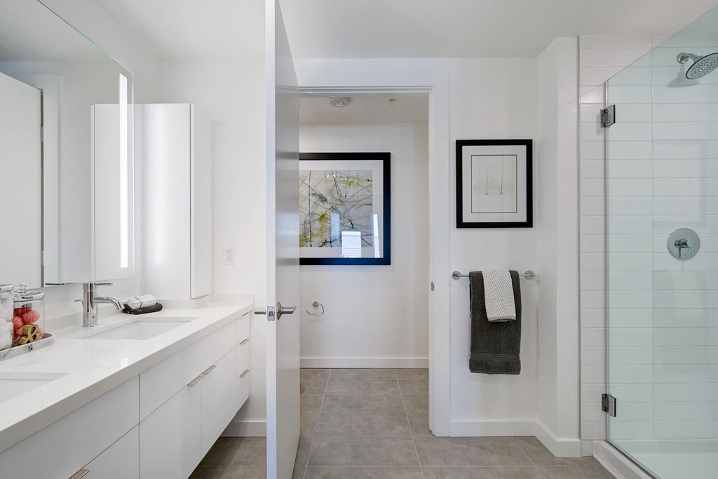 a bathroom with two sinks and a shower and a mirror