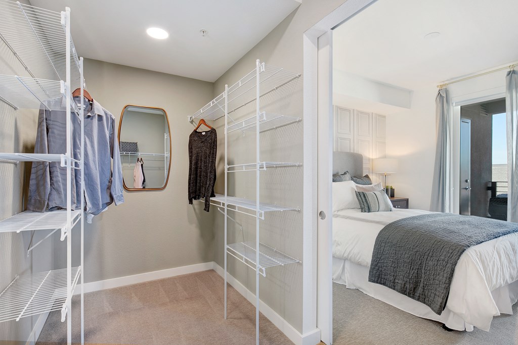 a closet in a bedroom with a bed and a mirror