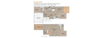 A floor plan of the Augusta, a three bedroom, three bath, single family detached home with study and family room.
