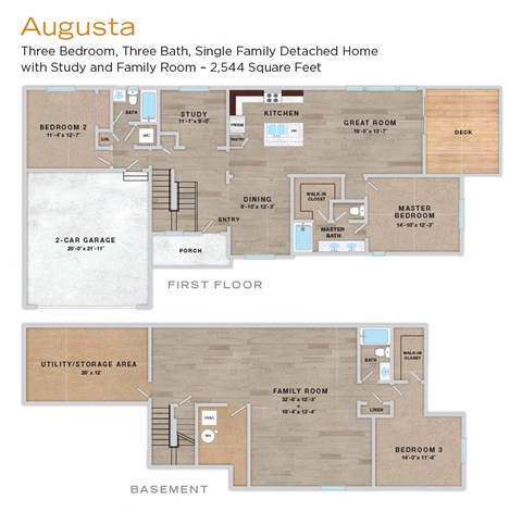 A floor plan of the Augusta, a three bedroom, three bath, single family detached home with study and family room.