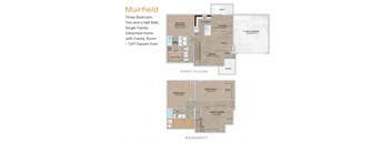 A floor plan of a Muirfield detached home with three bedrooms and a family room.
