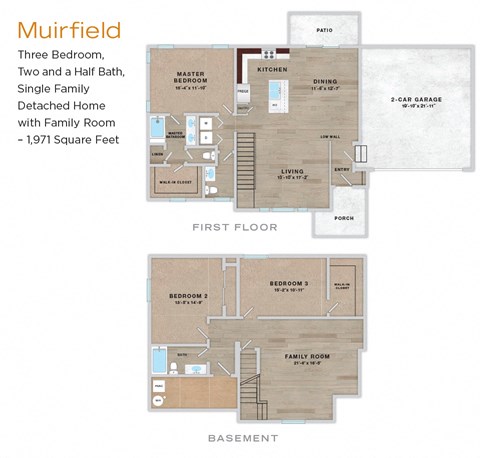 A floor plan of a Muirfield detached home with three bedrooms and a family room.