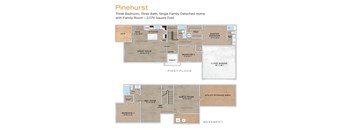 A floor plan of a three bedroom, three bath, single family detached home with a family room.