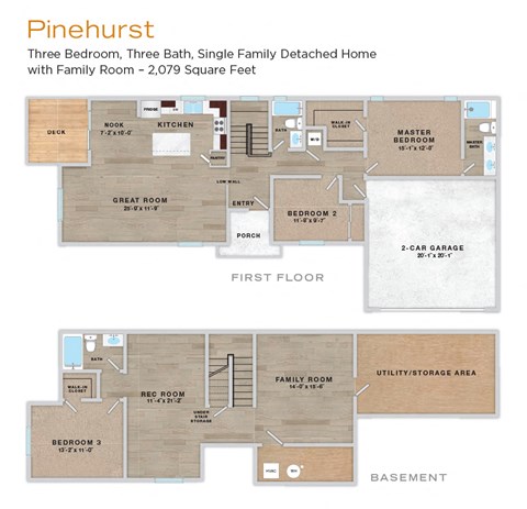 A floor plan of a three bedroom, three bath, single family detached home with a family room.