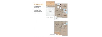 A floor plan of a Sawgrass three bedroom, three bath detached home with a family room.