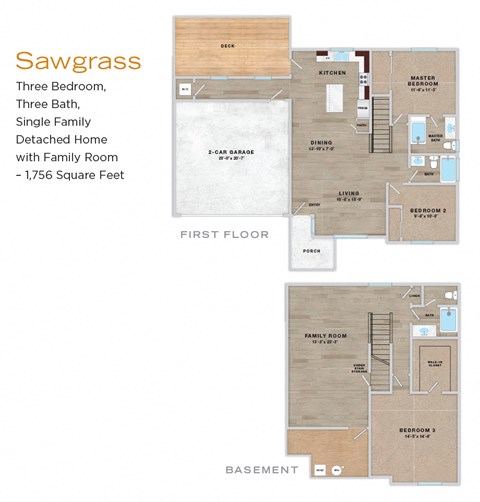 A floor plan of a Sawgrass three bedroom, three bath detached home with a family room.