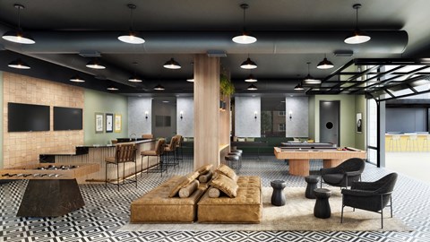 A modern living room with a pool table and a large rug.