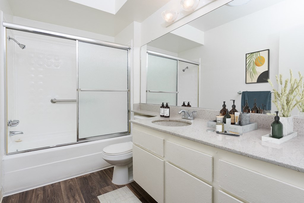 a bathroom with a shower and a sink and a toilet