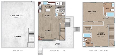 A floor plan of a house with a 2-car garage, a living room, a dining room, a kitchen, a washroom, a laundry room, a storage room, a porch, and two bedrooms