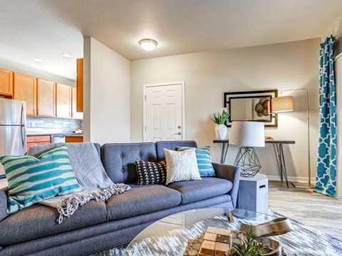 A grey couch with blue and white pillows in a living room.