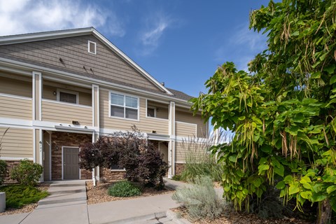 A beige building with a brown door and windows.