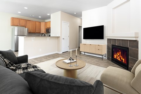 A living room with a fireplace and a television.